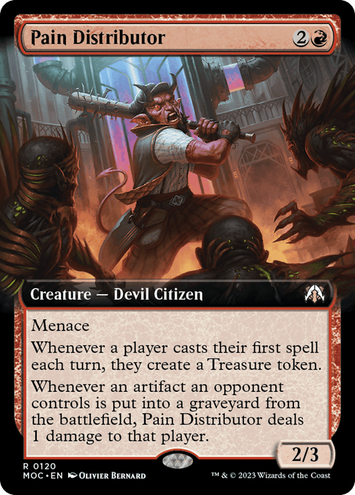 A Magic: The Gathering card named "Pain Distributor (Extended Art) [March of the Machine Commander]." The card costs 2 colorless and 1 red mana to cast and is of the Creature type, specifically a Devil Citizen. It has 2 power and 3 toughness with abilities: Menace, creating Treasure tokens when players cast their first spell each turn, and dealing 1 damage when an opponent's artifact is put into a graveyard.