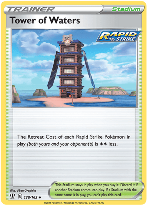 A Pokémon trading card titled "Tower of Waters (138/163) [Sword & Shield: Battle Styles]." The card features a tall, pagoda-style tower surrounded by water and blue skies. Text states, "The Retreat Cost of each Rapid Strike Pokémon in play (both yours and your opponent’s) is [two stars] less." It bears the Rapid Strike logo and is numbered 138/163. Part of the Sword & Shield Battle Styles set by Pokémon.