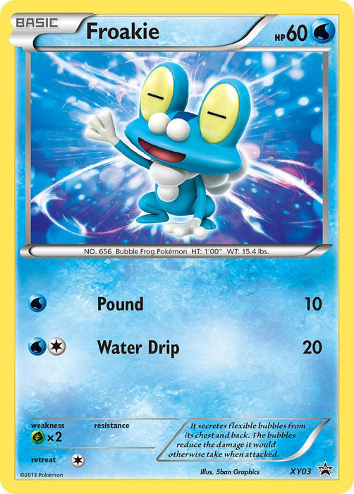 A Pokémon Froakie (XY03) [XY: Black Star Promos] trading card featuring Froakie, a blue bubble frog with white bubbles on its body. The card has 60 HP and showcases two attacks: Pound and Water Drip, dealing 10 and 20 damage respectively. It also highlights weaknesses, retreat cost, and details of Froakie's abilities.