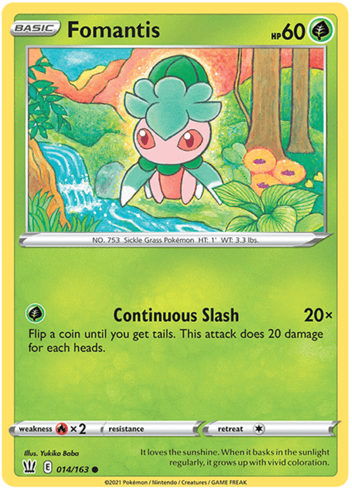 A Pokémon Fomantis (014/163) [Sword & Shield: Battle Styles] card for Fomantis, a Basic Grass-type from the Sword & Shield Battle Styles series with 60 HP. The card features an illustration of Fomantis with large, wide eyes and leaf-like appendages, standing in a vibrant, colorful forest. The attack "Continuous Slash" deals 20 damage per successful coin flip. The card is numbered 014/163.