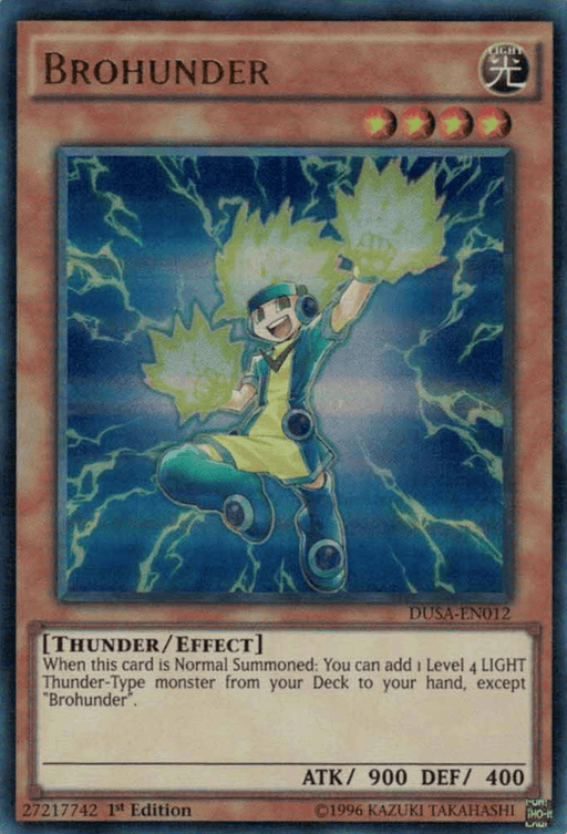 Image of a Yu-Gi-Oh! trading card from the Duelist Saga set named "Brohunder [DUSA-EN012] Ultra Rare." The card features an Ultra Rare character in green attire with electrified hair, standing amid electric currents. Text box describes a Thunder/Effect Monster with stats: ATK 900, DEF 400. The character is performing a dynamic, energetic pose.