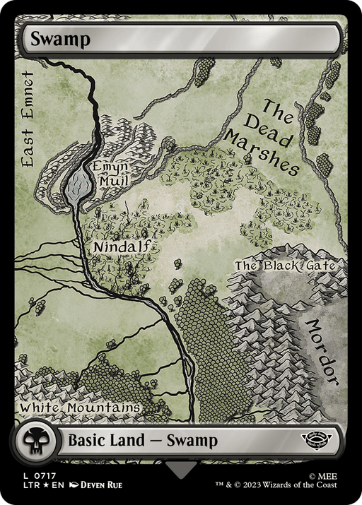 A black-and-white illustrated map depicts a swamp landscape in a fantasy realm. Marked locations include The Dead Marshes, The Black Gate, Mordor, Emyn Muil, and the White Mountains. Labeled "Basic Land — Swamp," this evocative piece from Swamp (0717) (Surge Foil) [The Lord of the Rings: Tales of Middle-Earth] pays homage to The Lord of the Rings with set details and artist credits at the bottom.