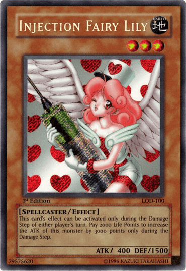 The Yu-Gi-Oh! Secret Rare card, Injection Fairy Lily [LOD-100], showcases a pink-haired, winged fairy wielding a massive syringe. Adorned with red hearts, this Effect Monster has ATK 400 and DEF 1500 and is part of the Legacy of Darkness set.