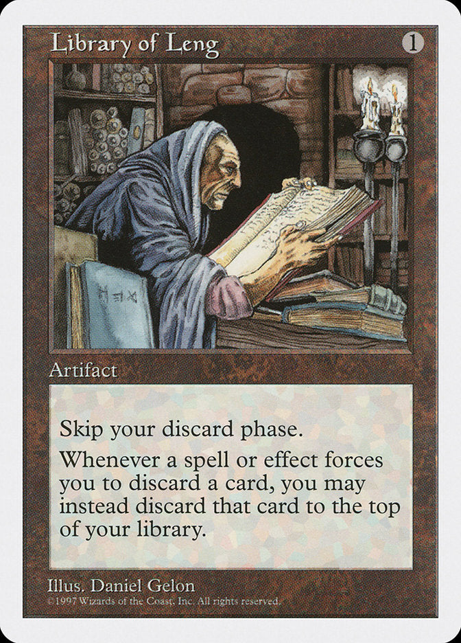 The image is of the Magic: The Gathering card "Library of Leng [Fifth Edition]," an Artifact with a casting cost of 1 mana. Its abilities are: "Skip your discard phase" and "Whenever a spell or effect forces you to discard, you may instead place that card on top of your library." The illustration by Daniel Gelon shows an elderly person reading in a dimly lit library.