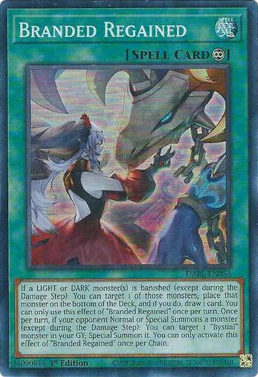 An image of the Yu-Gi-Oh! Continuous Spell card "Branded Regained [DABL-EN053] Super Rare." The card features fantasy artwork of a blue-haired character in red and black attire, casting a spell with a mystical, ghostly figure in the background. The text box contains detailed card effects and its rarity is denoted as "1st Edition.