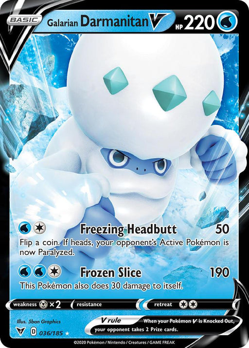 A Pokémon card from Sword & Shield: Vivid Voltage featuring Galarian Darmanitan V (036/185) [Sword & Shield: Vivid Voltage]. With 220 HP, this Ultra Rare Water type card is adorned with a battle-ready ice gorilla-like creature. It boasts moves like Freezing Headbutt (50 damage) and Frozen Slice (190 damage), along with retreat and resistance details and the V rule.