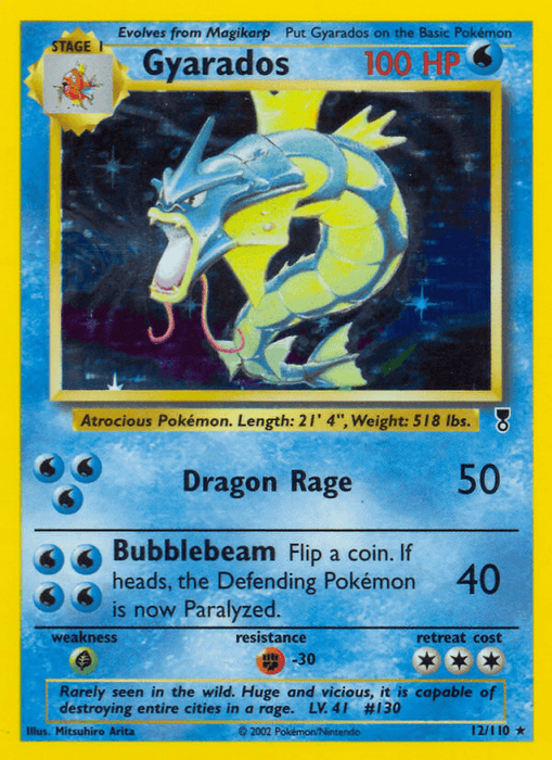 A Pokémon trading card featuring Gyarados from the Legendary Collection. The Holo Rare card showcases an illustration of Gyarados, a large blue sea dragon with an open mouth. It has 100 HP with two attacks: Dragon Rage and Bubblebeam. The card has a yellow border, holographic image, and text detailing its stats and abilities. This is the Gyarados (12/110) [Legendary Collection] by Pokémon.