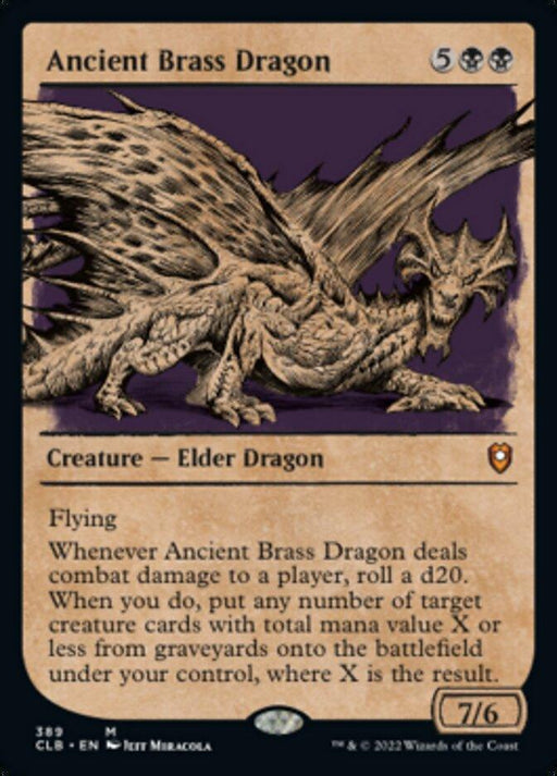 A Magic: The Gathering card from Commander Legends: Battle for Baldur's Gate, named "Ancient Brass Dragon (Showcase)," features artwork of a formidable Elder Dragon with large wings and a menacing expression. The card's textured brown border complements its stats of 7 attack and 6 defense, along with detailed special abilities in the text box.