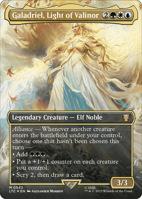Magic: The Gathering card "Galadriel, Light of Valinor (Borderless) (Surge Foil) [The Lord of the Rings: Tales of Middle-Earth Commander]" from Magic: The Gathering. It's a multi-colored Legendary Creature - Elf Noble with 3/3 stats. The card features a woman in white light, text about Alliance abilities, and costs 2GWU mana. It is card number 542 and illustrated by Alexander Mokhov.