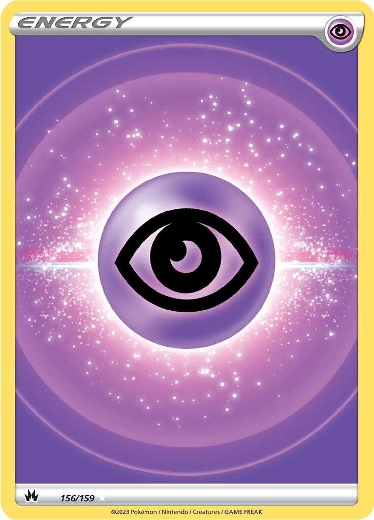 A Pokémon Psychic Energy (156/159) (Texture Full Art) [Sword & Shield: Crown Zenith] from the Sword & Shield series, featuring a Psychic Energy symbol. The card has a purple background with a glowing aura radiating from the center, where a black eye symbol is placed. With yellow borders and 