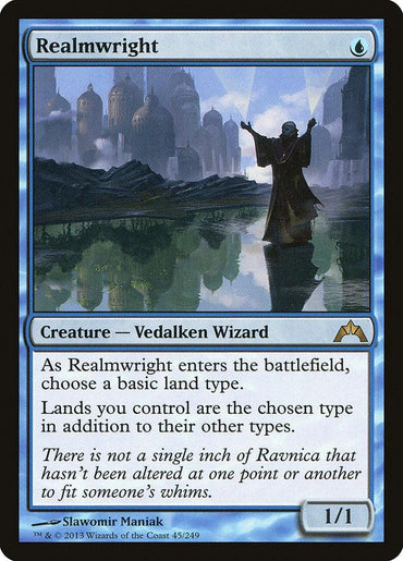 A Magic: The Gathering card titled "Realmwright [Gatecrash]." It features an illustration of a blue-robed figure in a dramatic pose, manipulating terrain with glowing hands. This rare creature card is a Vedalken Wizard and provides an ability to choose a basic land type when it enters the battlefield.