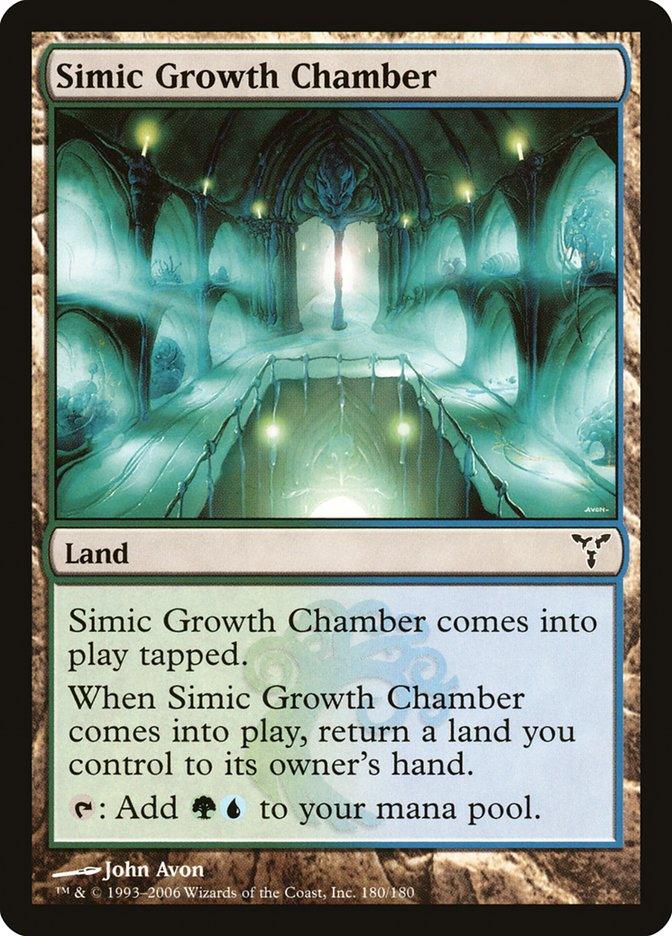 Simic Growth Chamber [Dissension] is a Magic: The Gathering land card depicted with glowing, mystical artwork of circular platforms and arches in green-blue hues. Illustrated by John Avon, the card reads: 