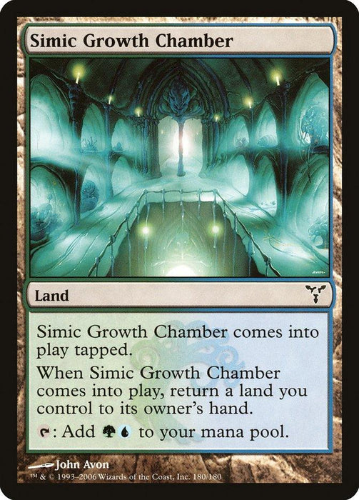Simic Growth Chamber [Dissension] is a Magic: The Gathering land card depicted with glowing, mystical artwork of circular platforms and arches in green-blue hues. Illustrated by John Avon, the card reads: "Simic Growth Chamber enters the battlefield tapped. When it enters the battlefield, return a land you control to its owner’s hand. {Tap}: Add {G}{U} to your mana pool.
