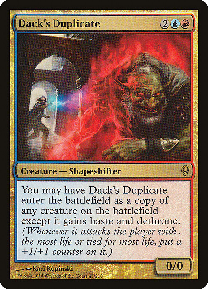 Dack's Duplicate" [Conspiracy], a Magic: The Gathering card, showcases a shapeshifter creature (0/0) that enters the battlefield as a copy of any other creature, endowed with haste and dethrone. The artwork masterfully encapsulates the theme of conspiracy as a humanoid figure morphs into its mimic in an explosion of red energy.