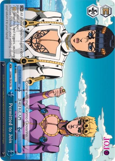 A Bushiroad Permitted to Join (JJ/S66-TE20 TD) [JoJo's Bizarre Adventure: Golden Wind] featuring two animated characters from JoJo's Bizarre Adventure: Golden Wind. The top character dons a white outfit with heart-shaped cutouts, while the bottom one sports a purple outfit with gold accents. Stats and text surround them, with 