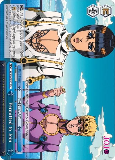 A Bushiroad Permitted to Join (JJ/S66-TE20 TD) [JoJo's Bizarre Adventure: Golden Wind] featuring two animated characters from JoJo's Bizarre Adventure: Golden Wind. The top character dons a white outfit with heart-shaped cutouts, while the bottom one sports a purple outfit with gold accents. Stats and text surround them, with "JO|J" elegantly placed in the bottom right corner.