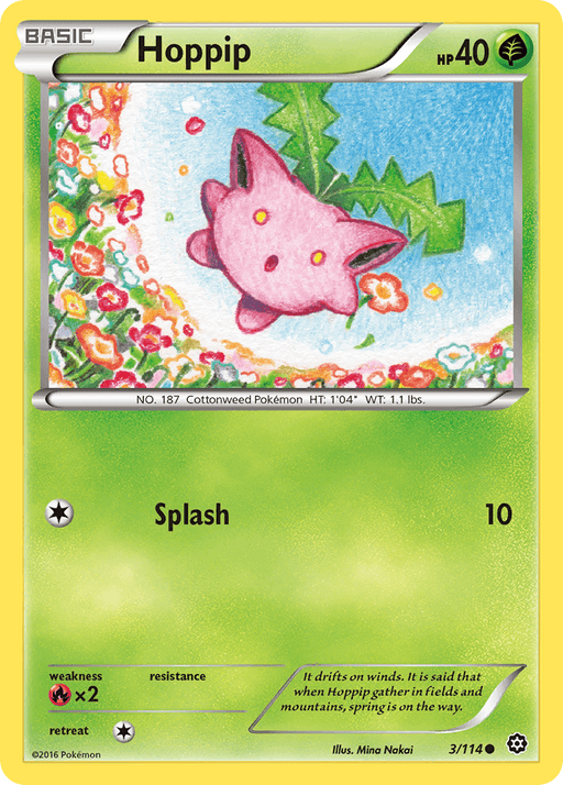 A Pokémon card featuring Hoppip (3/114) [XY: Steam Siege] by Pokémon. The card background is yellow and green, displaying Hoppip—a pink, fluffy Pokémon with green leaves on its head—floating in a field of colorful dotted flowers. With the move "Splash," it does 10 damage. Illustrated by Mina Nakai.