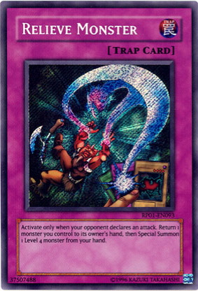 The Yu-Gi-Oh! trading card "Relieve Monster" [RP01-EN093] Secret Rare, with a purple border indicating it's a Normal Trap card, features artwork of a monster being attacked by an energy serpent-like creature. Included in Retro Pack 1, its effect returns an opponent's monster and summons a Level 4 monster.