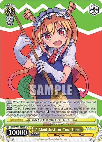 A trading card features an animated maid with dragon horns and tail holding a broom. She wears a green maid outfit with a red ribbon. Text on the card includes gameplay instructions and stats: Level 3, Cost 2, Power 10000. Title: "A Maid Just for You, Tohru [Miss Kobayashi's Dragon Maid]", Type: Dragon/Maid, Super Rare Character Card from Bushiroad.