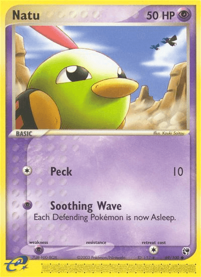 Description: A common Pokémon trading card for Natu (69/100) [EX: Sandstorm] with 50 HP from the EX Sandstorm series, classified as a Basic type. The card's artwork features Natu, a small, green bird-like Pokémon with a red head crest and yellow beak, standing in a rocky desert landscape under a blue sky. The moves listed are Peck with 10 damage and Soothing Wave.

