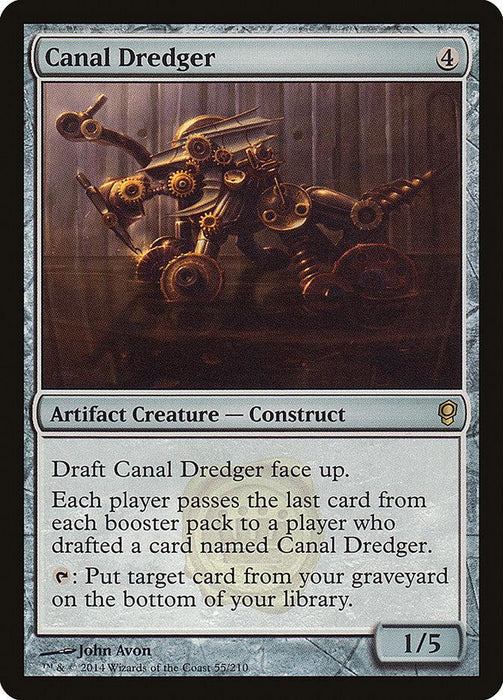 A Magic: The Gathering product titled "Canal Dredger [Conspiracy]". It's an artifact creature construct with a mana cost of 4, power of 1, and toughness of 5. The artwork depicts a mechanical dredging machine with gears and wheels, featuring draft-related abilities involving graveyard and library actions.
