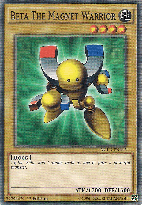 A Yu-Gi-Oh! trading card showcasing Beta The Magnet Warrior [YGLD-ENB12] Common from Yugi's Legendary Decks. This Normal Monster features a yellow, robotic creature with magnet-shaped arms, legs, and head accents, and a metallic sheen. Designated as a "Rock" type, it boasts 1700 attack and 1600 defense points. Labeled as 1st Edition with the
