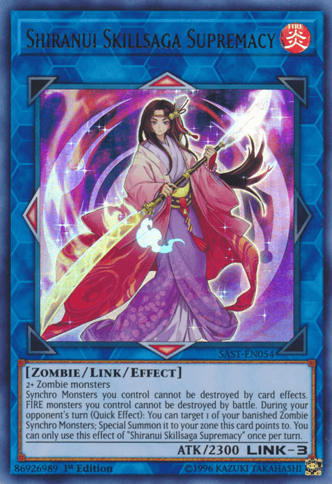 A Yu-Gi-Oh! trading card named "Shiranui Skillsaga Supremacy [SAST-EN054] Ultra Rare." This Ultra Rare card depicts a character in traditional Japanese attire holding a sword, set against colorful, swirling magical effects. With attributes like [ZOMBIE/LINK/EFFECT], ATK/2300, LINK-3, and additional game-related text and rules, it's perfect for Zombie Synchro.