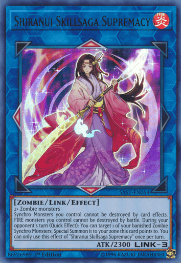 A Yu-Gi-Oh! trading card named "Shiranui Skillsaga Supremacy [SAST-EN054] Ultra Rare." This Ultra Rare card depicts a character in traditional Japanese attire holding a sword, set against colorful, swirling magical effects. With attributes like [ZOMBIE/LINK/EFFECT], ATK/2300, LINK-3, and additional game-related text and rules, it's perfect for Zombie Synchro.