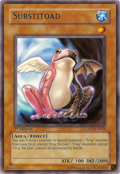 The "Substitoad" [LODT-EN028] Yu-Gi-Oh! card, a Rare Effect Monster from the Light of Destruction series, depicts a delightful creature with frog-like legs and angelic wings. As a 1st Edition card featuring 100 ATK and an impressive 2000 DEF, its aqua/effect text emphasizes its distinct ability to summon "Frog" monsters.