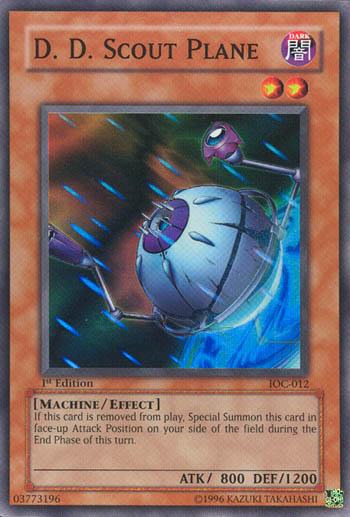 A Yu-Gi-Oh! trading card featuring "D.D. Scout Plane [IOC-012] Super Rare," a Super Rare Machine/Effect Monster with 800 ATK and 1200 DEF from the Invasion of Chaos set (IOC-012). The card displays a futuristic, spherical drone with blue and purple accents against a swirling background, highlighting its ability to return to play when removed.