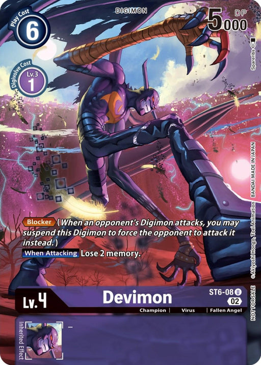 The image shows a Digimon card featuring Devimon [ST6-08] (Box Topper) [Dimensional Phase], a menacing, purple-skinned, humanoid Fallen Angel Digimon with bat-like wings. Depicted against a fiery background, the card lists stats including a play cost of 6, level 4 stage, 5000 DP, and special abilities like Blocker.