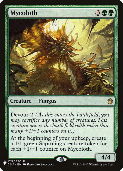 A Magic: The Gathering card titled "Mycoloth [Mystery Booster]." This rare Fungus creature is green, costs 3 generic mana and 2 green mana, and sports a power and toughness of 4/4. With "Devour 2," Mycoloth [Mystery Booster] generates 1/1 green Saproling tokens each upkeep. It's card number 129/320.