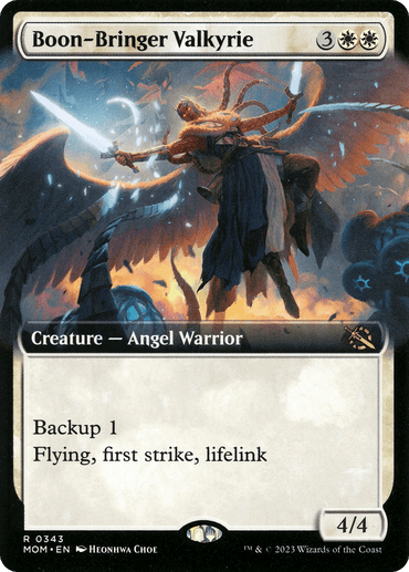 The image is a Magic: The Gathering card titled "Boon-Bringer Valkyrie (Extended Art) [March of the Machine]." It costs 3 colorless, 2 white mana, and is a 4/4 Creature — Angel Warrior. The card features a winged angel wielding a spear, flying amidst a stormy background with lightning. It has Backup 1, Flying, First Strike, and Lifelink.