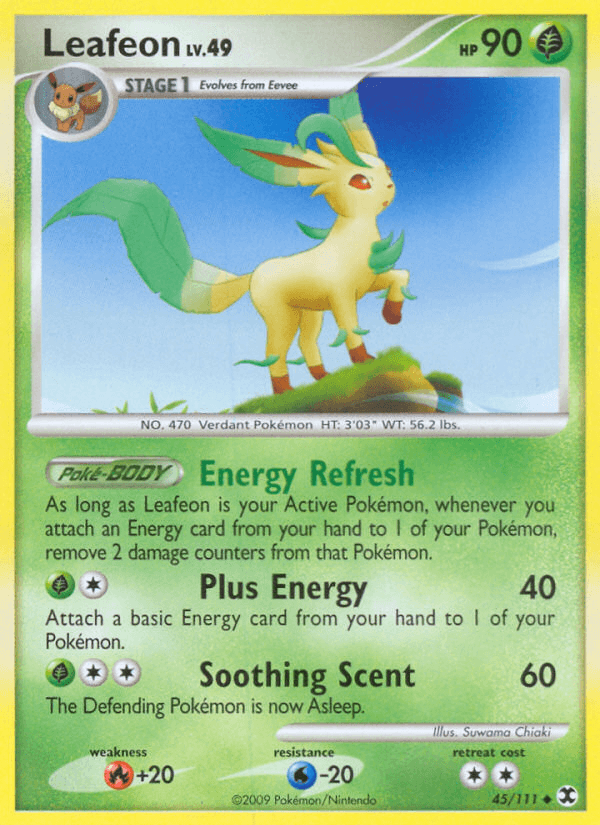 A Pokémon trading card featuring Leafeon (45/111) [Platinum: Rising Rivals] from the *Platinum Rising Rivals* set. This Stage 1 Grass-type Pokémon, evolving from Eevee, has 90 HP and includes abilities like Energy Refresh, Plus Energy, and Soothing Scent. The illustration shows Leafeon in a grassy field with a blue sky and wind turbines.