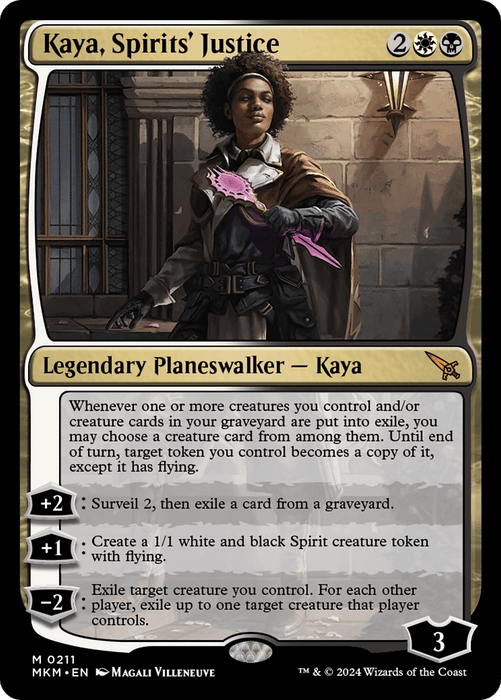 Image shows a trading card from Magic: The Gathering featuring Kaya, Spirits' Justice [Murders at Karlov Manor]. Kaya, a legendary planeswalker and black female character, stands in armor holding two ethereal bolts with a determined gaze. The card has a gold and black border detailing her abilities, including exiling creatures and creating tokens.
