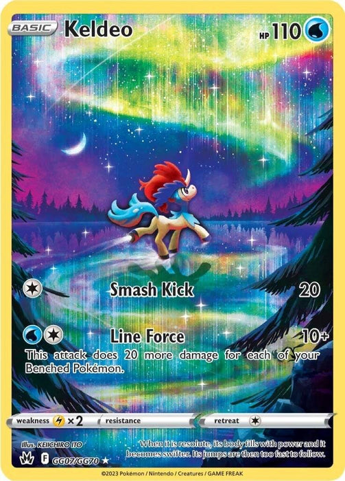 A Pokémon Keldeo (GG07/GG70) [Sword & Shield: Crown Zenith] card featuring Holo Rare Keldeo with 110 HP, from the Sword & Shield Crown Zenith series. The background showcases a vibrant, star-filled northern lights sky over a tranquil lake. Keldeo stands confidently on the water's surface. It has "Smash Kick" (20 damage) and "Line Force" (10+ damage). Weakness: Grass x2.