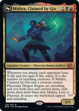 The image depicts a Magic: The Gathering card titled "Mishra, Claimed by Gix [The Brothers' War]" from Magic: The Gathering. It shows an eerie, dark figure with glowing red eyes and green light emanating from one hand, standing in front of a swirling, colorful background. This Mythic Rarity card outlines its abilities, costs, and stats as a Legendary Creature - Phyrexian.