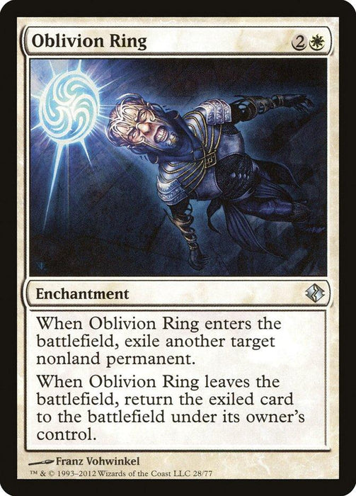 Magic: The Gathering card "Oblivion Ring [Duel Decks: Venser vs. Koth]." This enchantment shows a spellcaster in dark robes being surrounded by swirling blue energy. Contains text: "When Oblivion Ring enters the battlefield, exile another target nonland permanent. When Oblivion Ring leaves, return the exiled card to its owner's control." Illustration by Franz Vohwinkel.