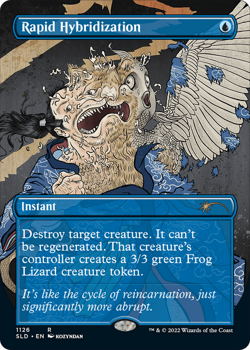 A Magic: The Gathering card titled "*Rapid Hybridization (Borderless) [Secret Lair Drop Series]*." The illustration shows a figure transforming into a chaotic mix of frog and lizard with a horrified expression. The background has storm clouds and lightning. Below the image are the card’s text, "Destroy target creature," and information about the artist and copyright.