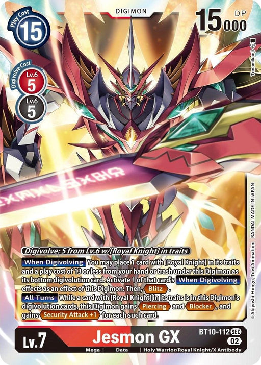 A Secret Rare Digimon trading card features Jesmon GX [BT10-112] [Xros Encounter], a Level 7 Royal Knight Digimon. The card has a play cost of 15 and 15,000 DP. Jesmon GX is depicted with a metallic red and silver armored body and six glowing, blade-like appendages. The card includes detailed stats and special abilities.

