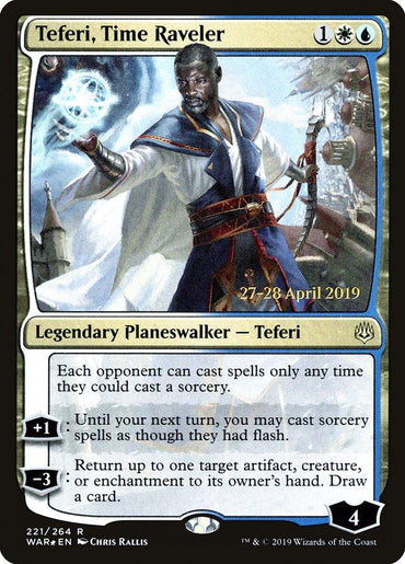 Image of a Magic: The Gathering card titled "Teferi, Time Raveler [War of the Spark Prerelease Promos]." This Legendary Planeswalker card from Magic: The Gathering features stunning artwork of Teferi, a dark-skinned character in blue and white robes wielding a staff with swirling time magic around him. It costs 1 white and 2 blue mana.