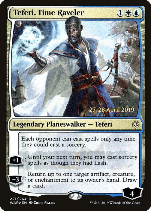 Image of a Magic: The Gathering card titled "Teferi, Time Raveler [War of the Spark Prerelease Promos]." This Legendary Planeswalker card from Magic: The Gathering features stunning artwork of Teferi, a dark-skinned character in blue and white robes wielding a staff with swirling time magic around him. It costs 1 white and 2 blue mana.