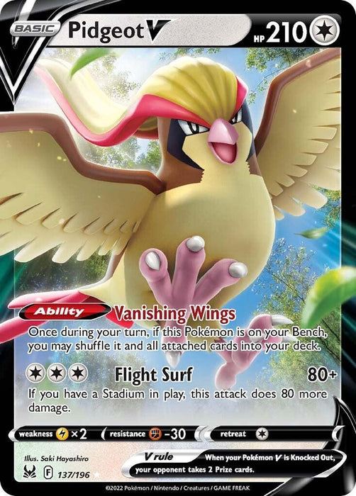 A Pokémon card showing Pidgeot V (137/196) [Sword & Shield: Lost Origin], an Ultra Rare bird-like creature with vibrant plumage. The card features the "Vanishing Wings" ability and "Flight Surf" attack. Pidgeot V has 210 HP, with colorless energy symbols and weaknesses noted against a sunny sky backdrop with green foliage.