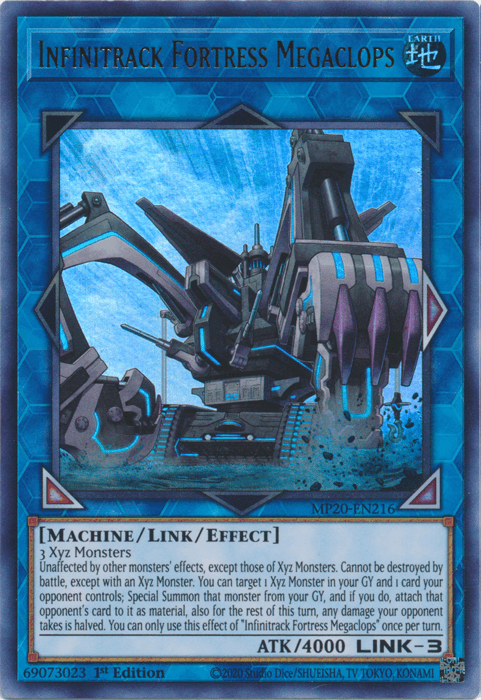 The image shows a "Yu-Gi-Oh!" product named "Infinitrack Fortress Megaclops [MP20-EN216] Ultra Rare" from the 2020 Tin of Lost Memories. The Ultra Rare card features a large, blue, mechanical fortress with extending robotic arms. As a Machine/Link/Effect Monster, it has ATK 4000 and LINK-3.