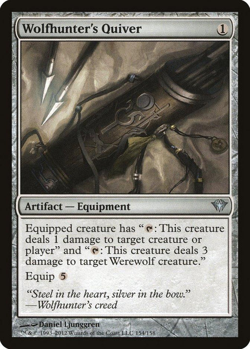 A Magic: The Gathering product titled "Wolfhunter's Quiver [Dark Ascension]" from the Magic: The Gathering brand. This artifact equipment shows an ornate metal quiver filled with arrows. Costing just 1 mana, it features detailed abilities for dealing damage to creatures and Werewolves. Flavor text reads, "Steel in the heart, silver in the bow.