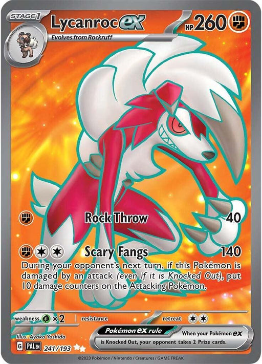 A Pokémon trading card featuring Lycanroc ex (241/193) [Scarlet & Violet: Paldea Evolved] from the Pokémon series. The card depicts Lycanroc in a dynamic pose with glowing red eyes against a fiery background. With 260 HP, its Ultra Rare status includes two attacks: Rock Throw (40 damage) and Scary Fangs (140 damage).