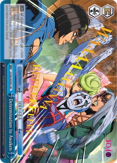A colorful anime trading card featuring three characters in dynamic action poses. One character has green hair, another has white hair with blue headgear, and the third has dark hair. They appear to be engaged in an intense encounter from JoJo's Bizarre Adventure: Golden Wind, with "Determination to Awaken (JJ/S66-E098J JJR) [JoJo's Bizarre Adventure: Golden Wind]" written on the card by Bushiroad.
