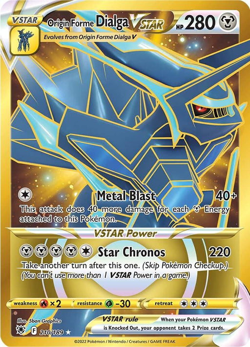 A Secret Rare Pokémon trading card from Sword & Shield: Astral Radiance featuring "Origin Forme Dialga VSTAR (210/189) [Sword & Shield: Astral Radiance]." The card is decorated in golden hues with Dialga depicted in a dynamic, powerful stance. It has 280 HP, and its moves include "Metal Blast" and "Star Chronos," along with various stats and symbols.