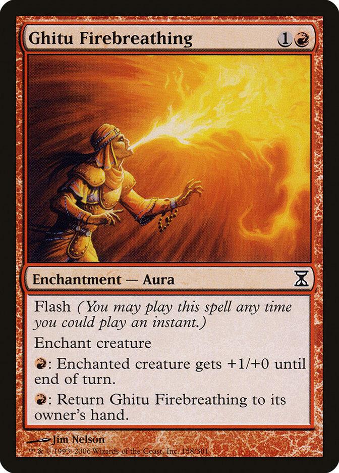 Part of the Magic: The Gathering collection, "Ghitu Firebreathing [Time Spiral]" is an Enchantment — Aura card that costs 1 generic mana and 1 red mana. Featuring an armored figure breathing fire, this card has Flash and its text reads: "Enchant creature. 2: Enchanted creature gets +1/+0 until end of turn. 2: Return Ghitu Firebreathing to its owner's hand.