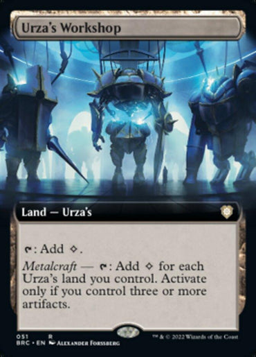 Urza's Workshop (Extended Art) [The Brothers' War Commander] is a rare Magic: The Gathering card, identified as "Land - Urza's." It allows you to add colorless mana and, with Metalcraft, grants extra colorless mana for each Urza's land if you control three or more artifacts. The artwork showcases a workshop with two robots and a worker amidst blue lighting. Ideal for The Brothers' War Commander decks.